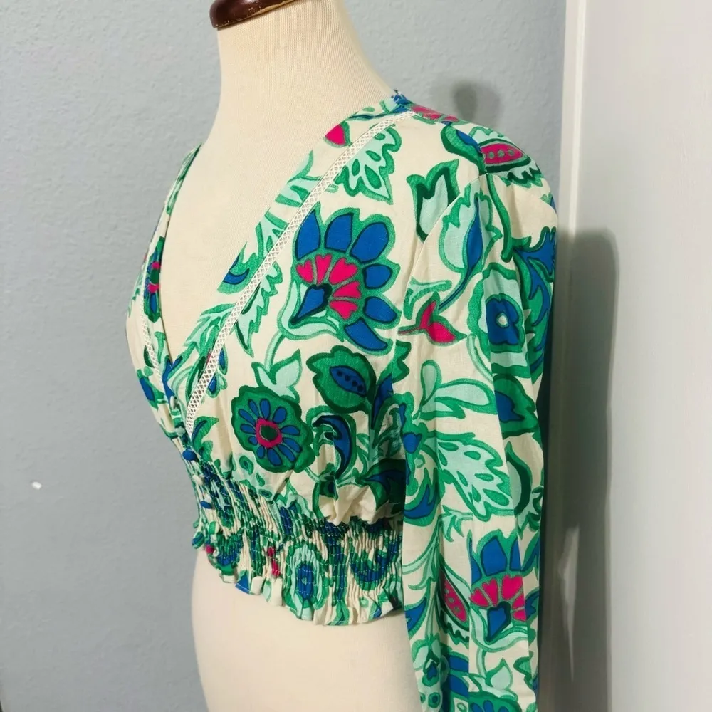 Zara Bloggers Favorite Bohemian V-Neck Floral Print Cropped Linen Blend Top Sz M - Image 12