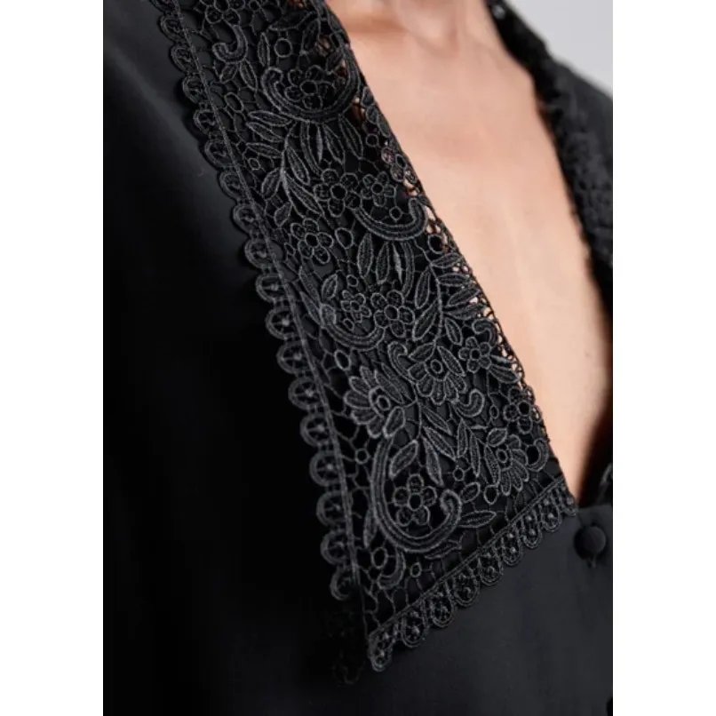 Frame Black Silk Lace Puritan Collar Button Front Blouse XS - Image 6