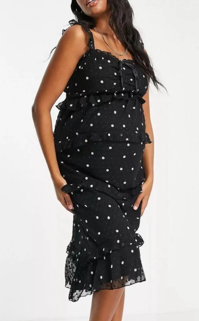 Design Maternity Black Tiered Midi Dress w/ Ruffle Detail & Ruched Bodice - Image 2