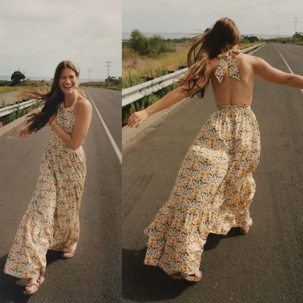 Agua by Agua Bendita Naranja Mimosa Halter Yellow Floral Maxi Dress Size XS - Image 5