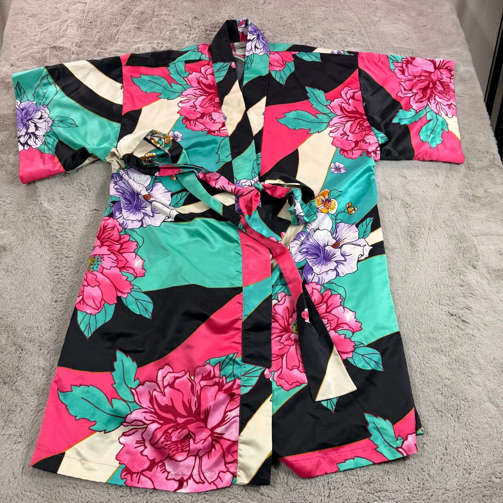 Natori Kimono Robe Floral Belted Lightweight Colorful Sz L Tropical Swim Coverup - Image 9