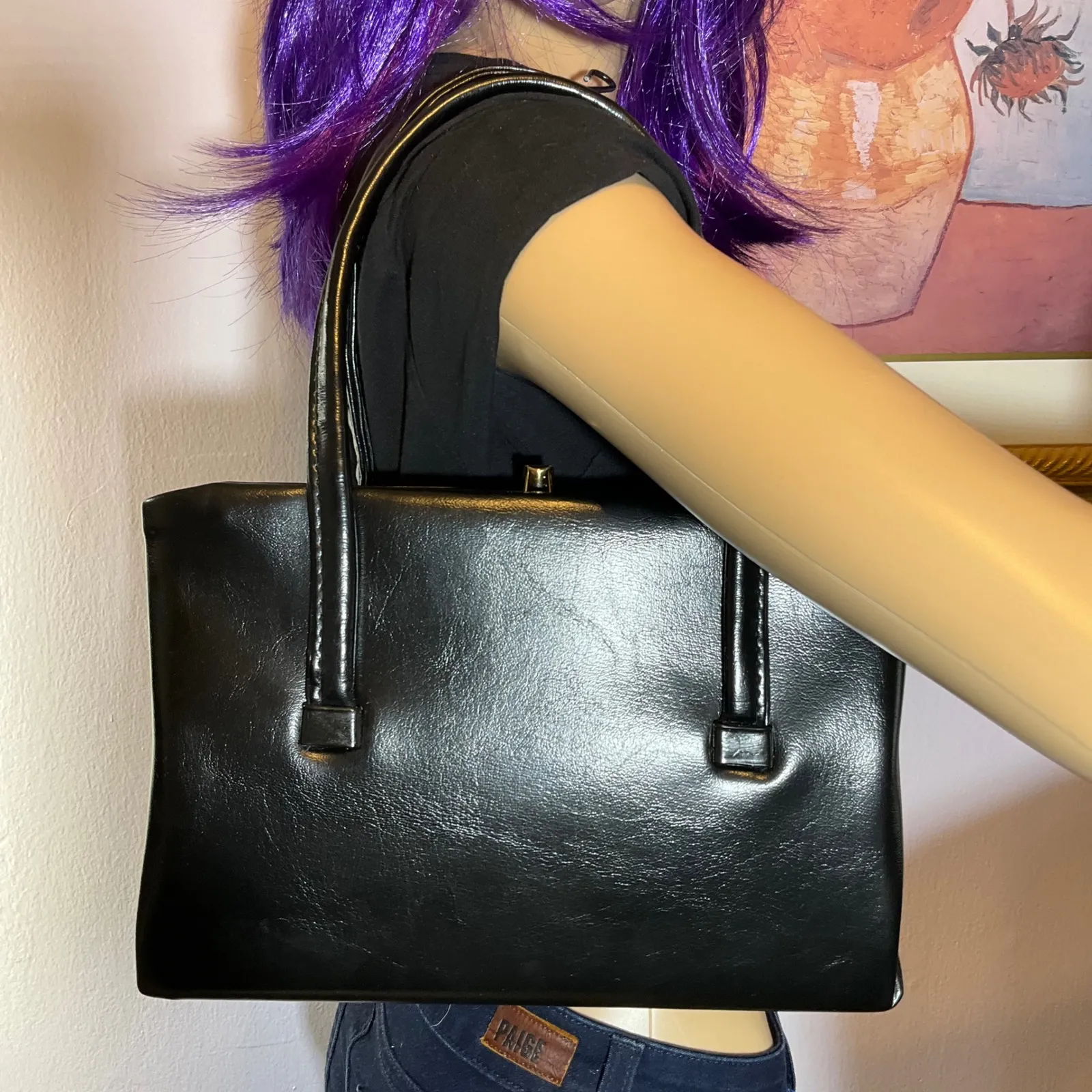 Vintage Handbag Black Top Handle Structured Purse Classic Satchel Small - Image 5