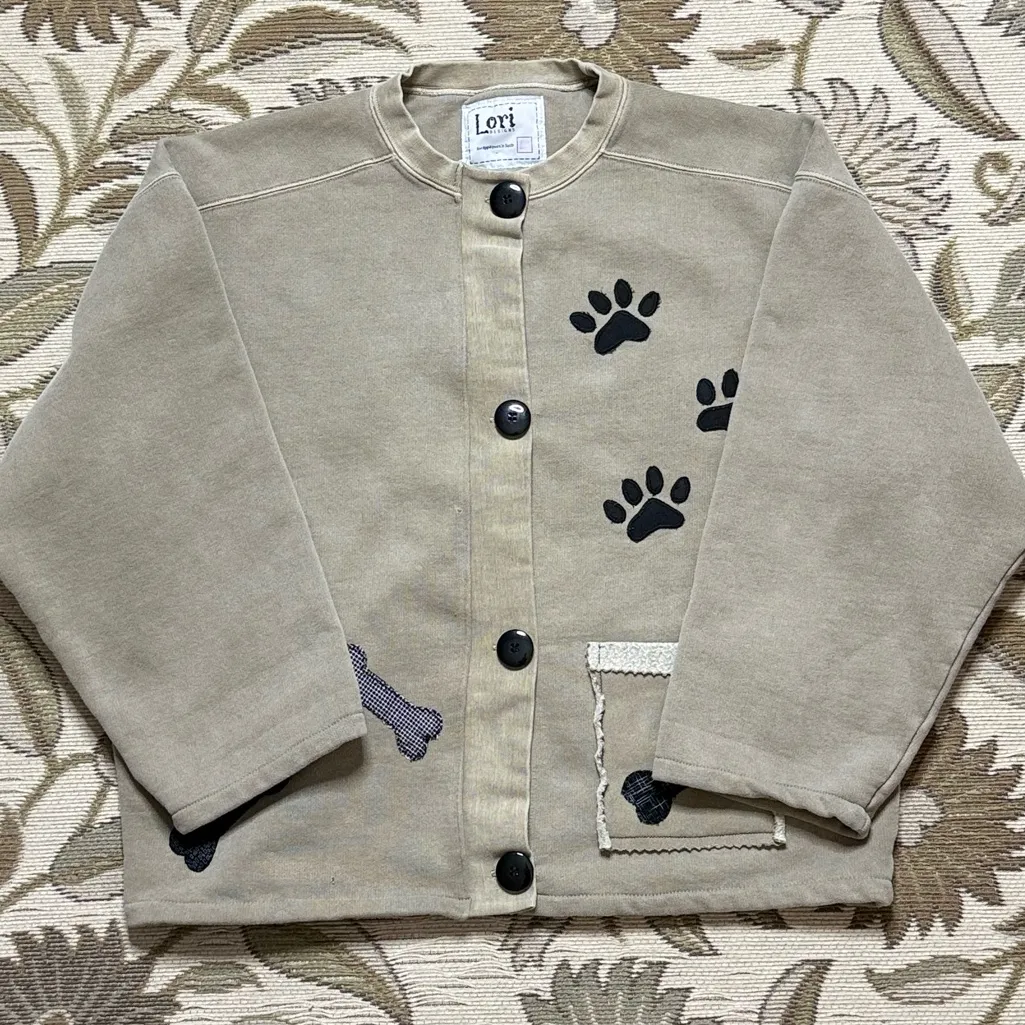 Lori Designs Paw Print Sweatshirt Cardigan Jacket Shacket Dog Bone L Large XL Brown - Image 5