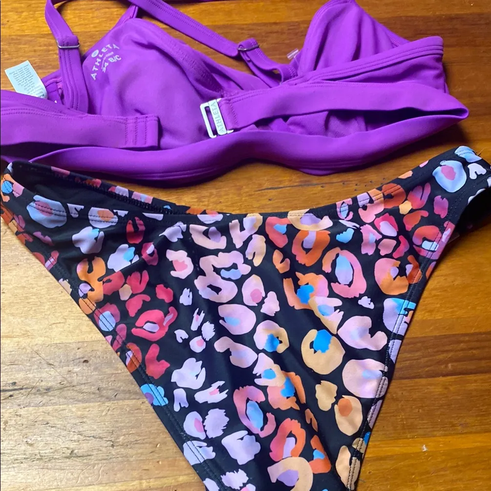 Athleta Vibrant Purple Bikini Top with Colorful Patterned Bottom - Image 3