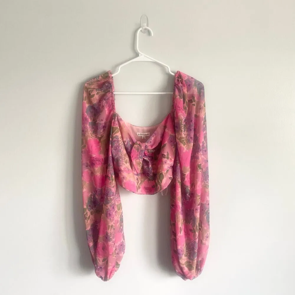 For Love & Lemons Trisha Crop Top Pink Multicolor Sweetheart Puff Sleeves Medium - Image 3