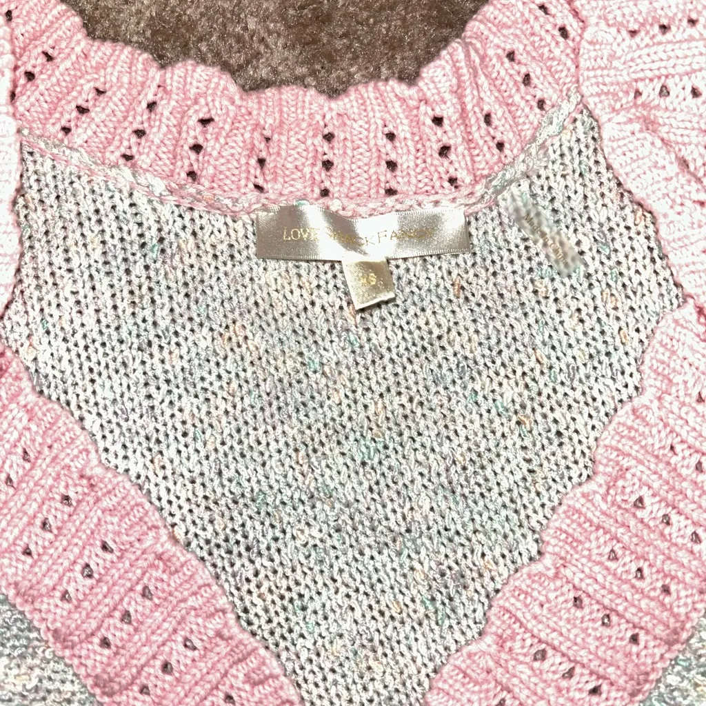 Loveshackfancy Geneve Cropped Cardigan in Gum Drop Pink Rainbow Knit with v neck - Image 4
