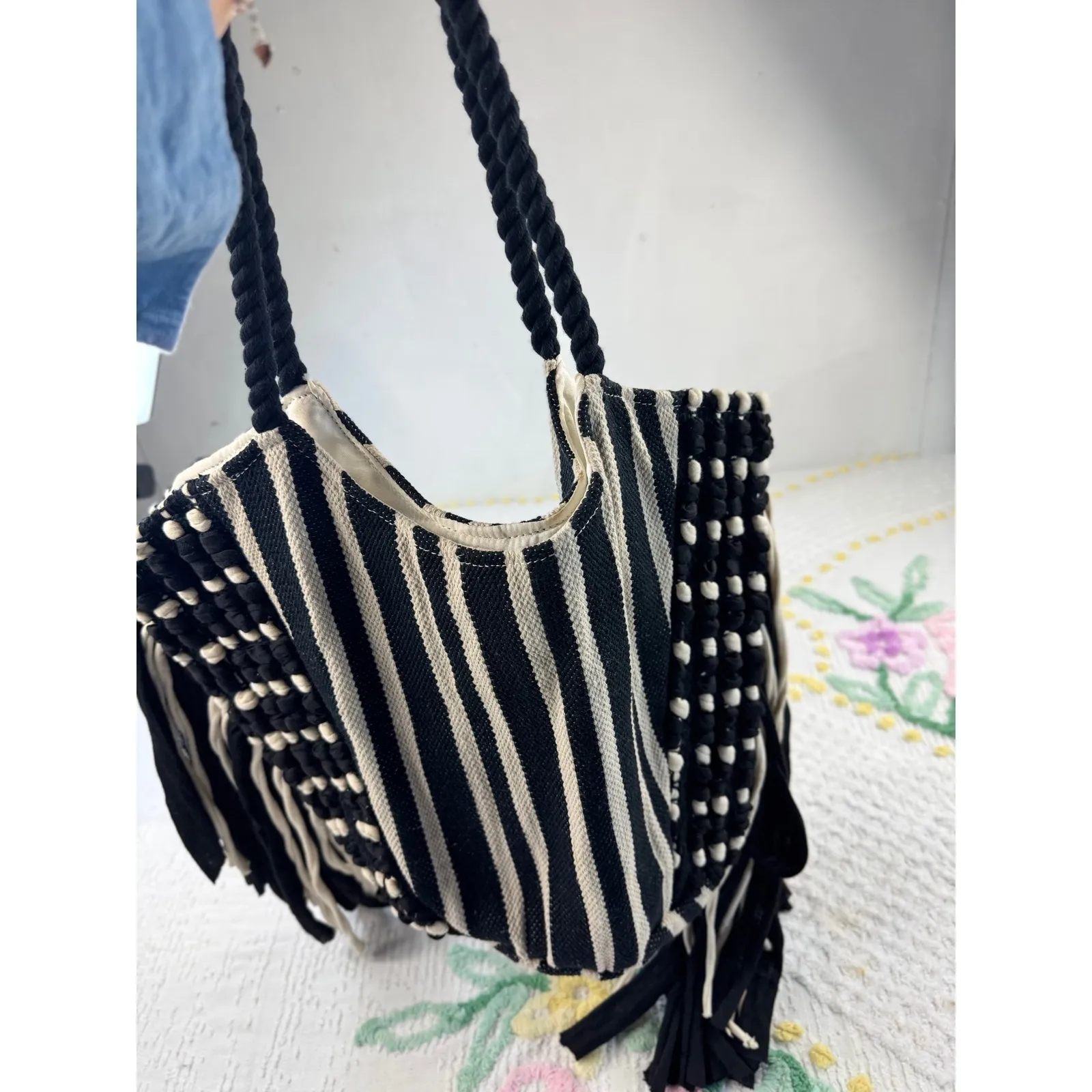 Striped Fringe Tote Bag Bohemian Purse Black Cream Woven‎ Rope Handles - Image 4