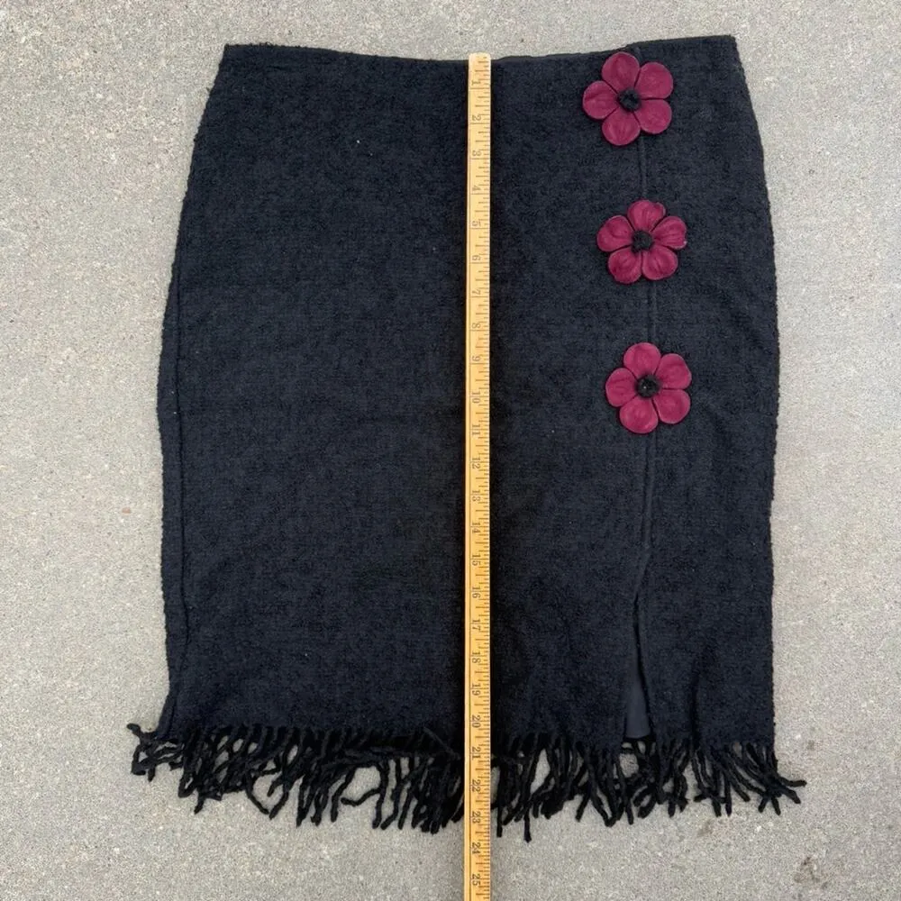 Vintage 90s Betsey Johnson Black Felted Floral Pencil Skirt Fringe Edge LARGE - Image 8