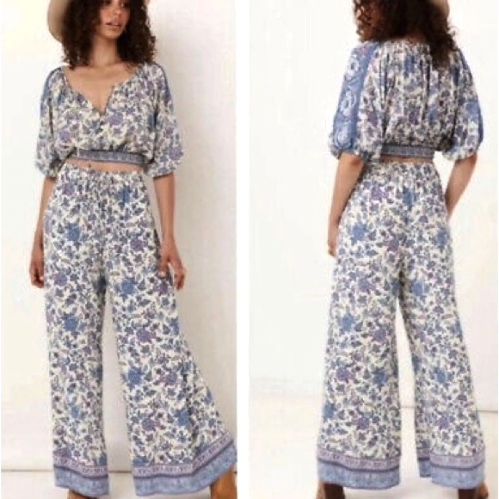 NWT Joie Floral Crop Top & Wide Leg Boho Pant Set Blue Purple Women’s Size Small - Image 2