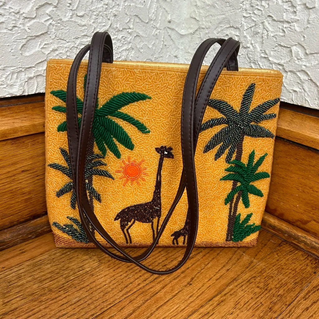 VTG 90’s CHICO’s Beaded Safari Giraffe Palm Tree Leather Shoulder Bag Tote - Image 5