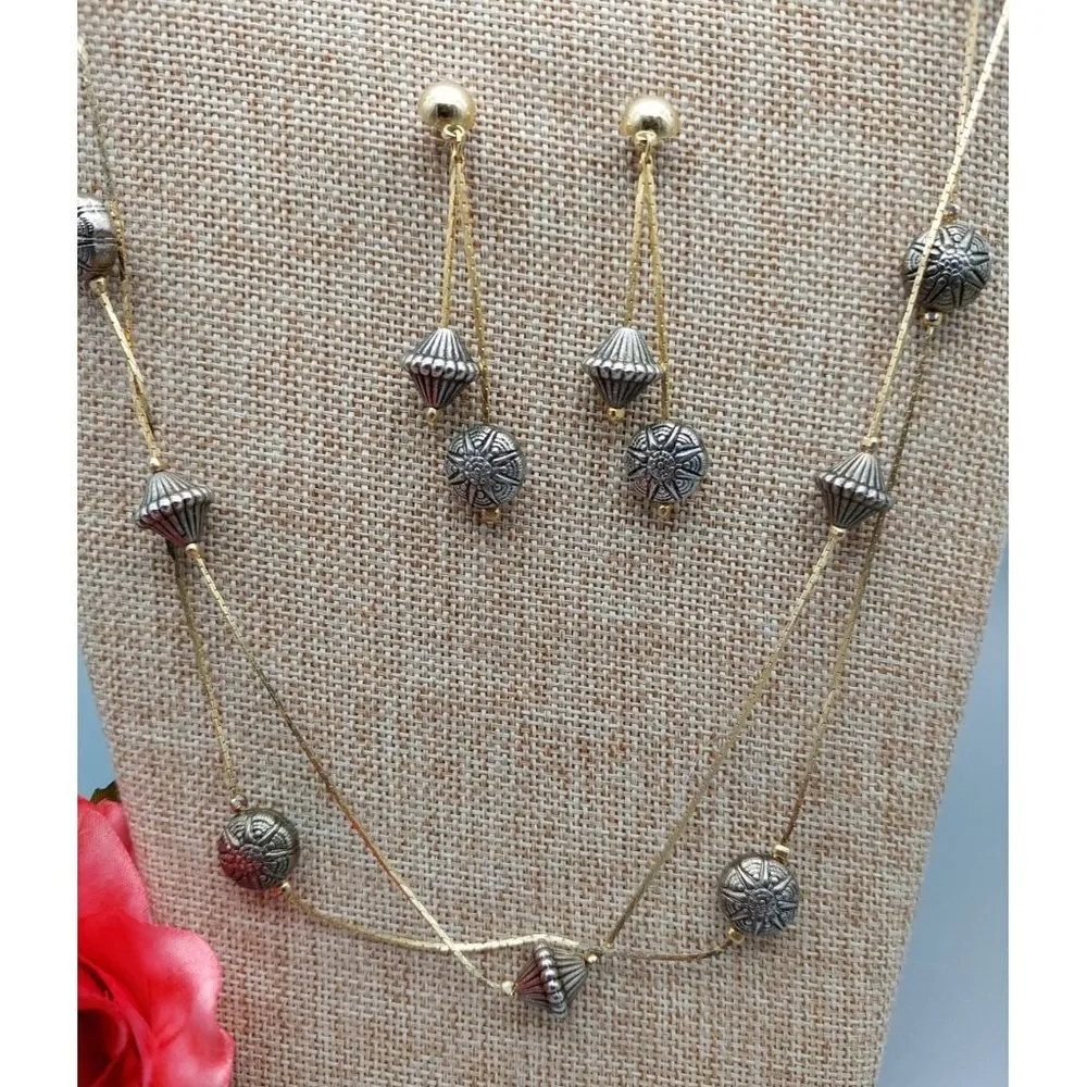 Vintage Gold Tone Cobra Chain Necklace & Earrings Set Silver Tone Bead Stations - Image 4