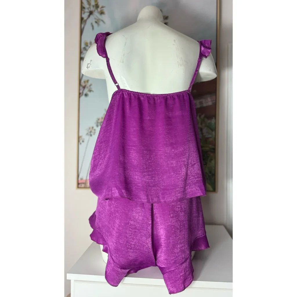 Secret Possessions Purple Satin Ruffle Top Shorts Lingerie PJ Set Size XL 14/16 - Image 4