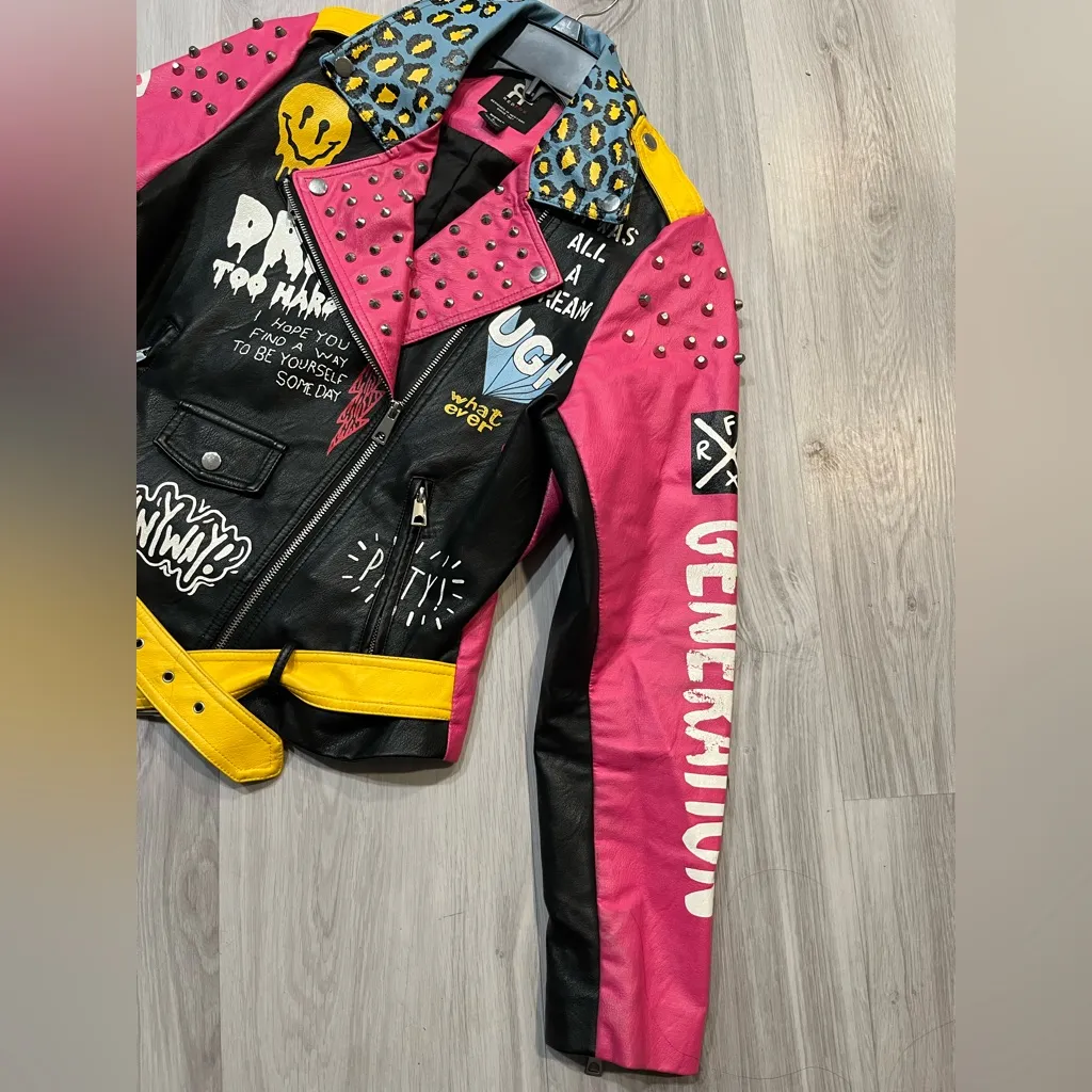 Colorful Studded Leather Jacket Pink Size L - Image 3