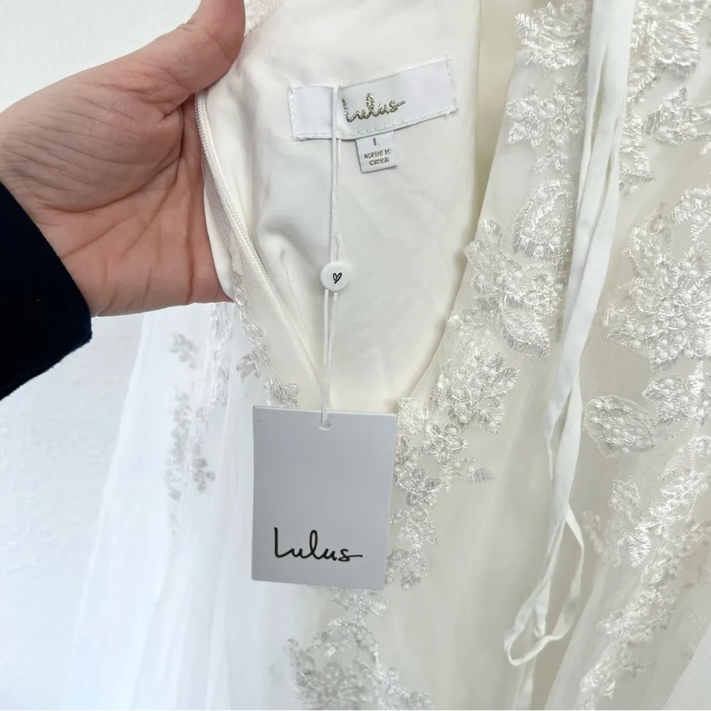 Lulus Luxury White Sheer Tulle Embroidered Beaded Bridal Gown Size Large NWT - Image 11