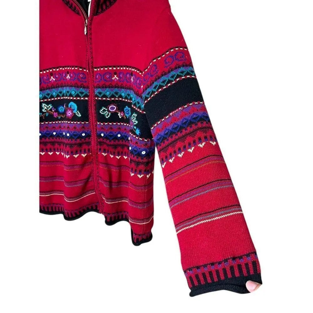 Vintage Koret Floral Embroidered Knit‎ Women's Zip Up Sweater Jacket Size M Red Size M - Image 3
