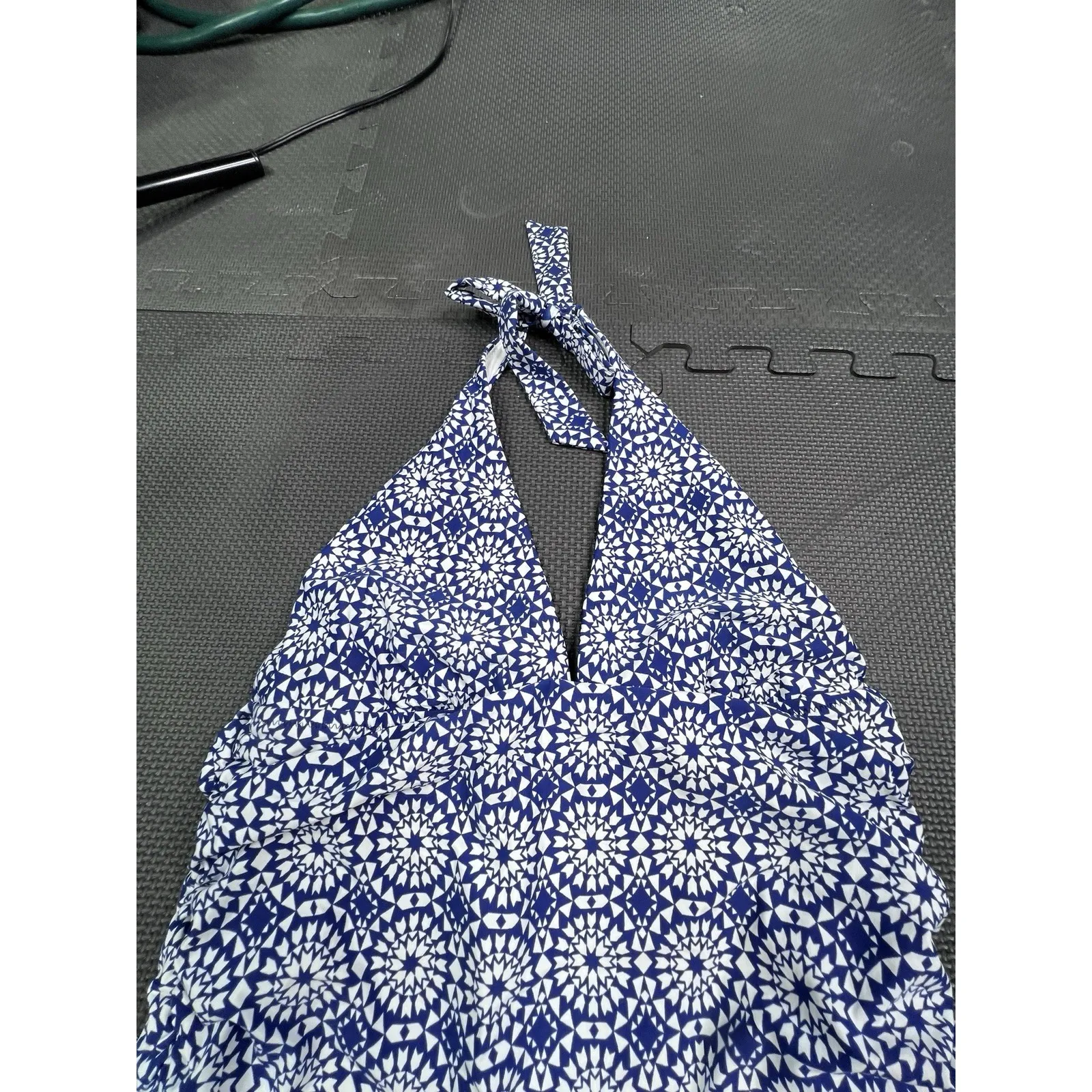 Helen Jon Halter Tankini Swim Top Navy White Geometric Print USA Made Stretch L Blue Size L - Image 5