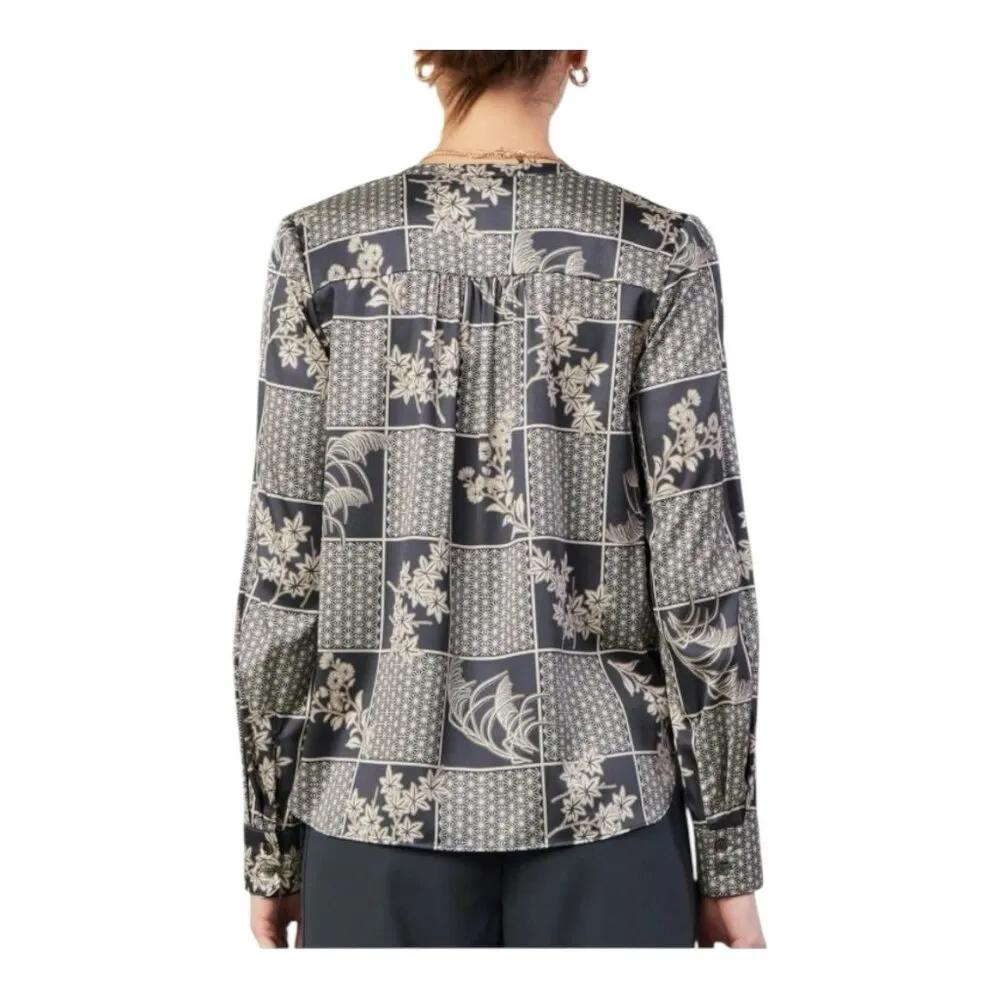 Current Air Anthropologie Black/Taupe Silk Surplus Blouse Medium Mandarin Collar - Image 2