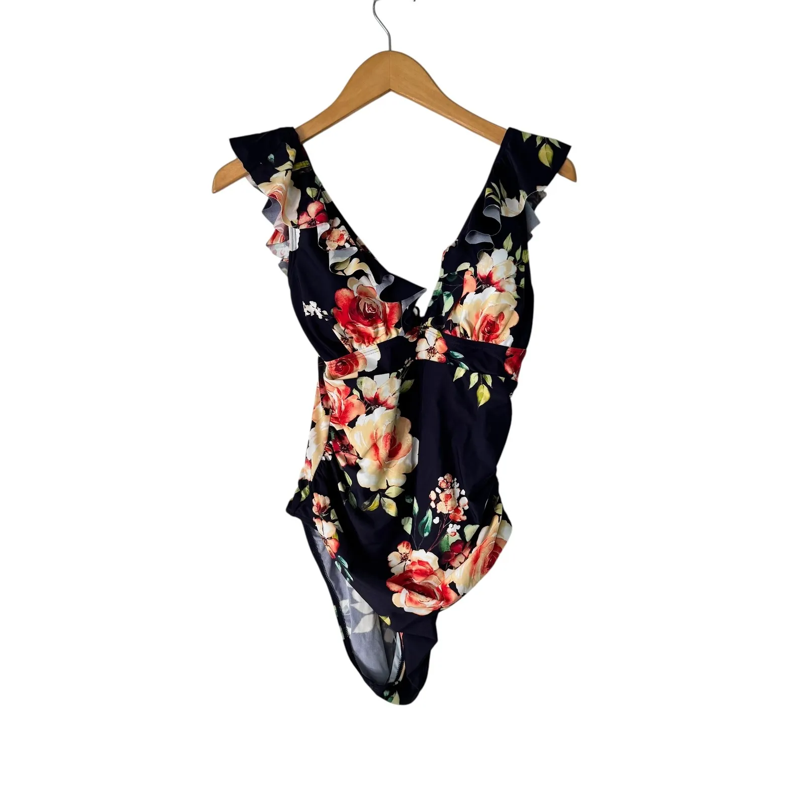 Cupshe M Floral Ruffle One Piece Swimsuit Black Red Peach Beach Pool Vacation‎ - Image 7