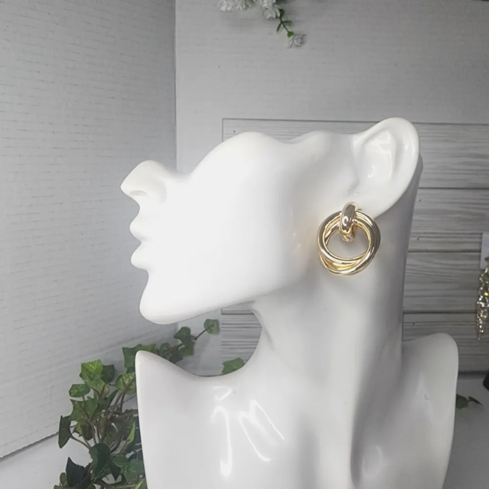Gold Double Hoop Post Earrings New - Image 4