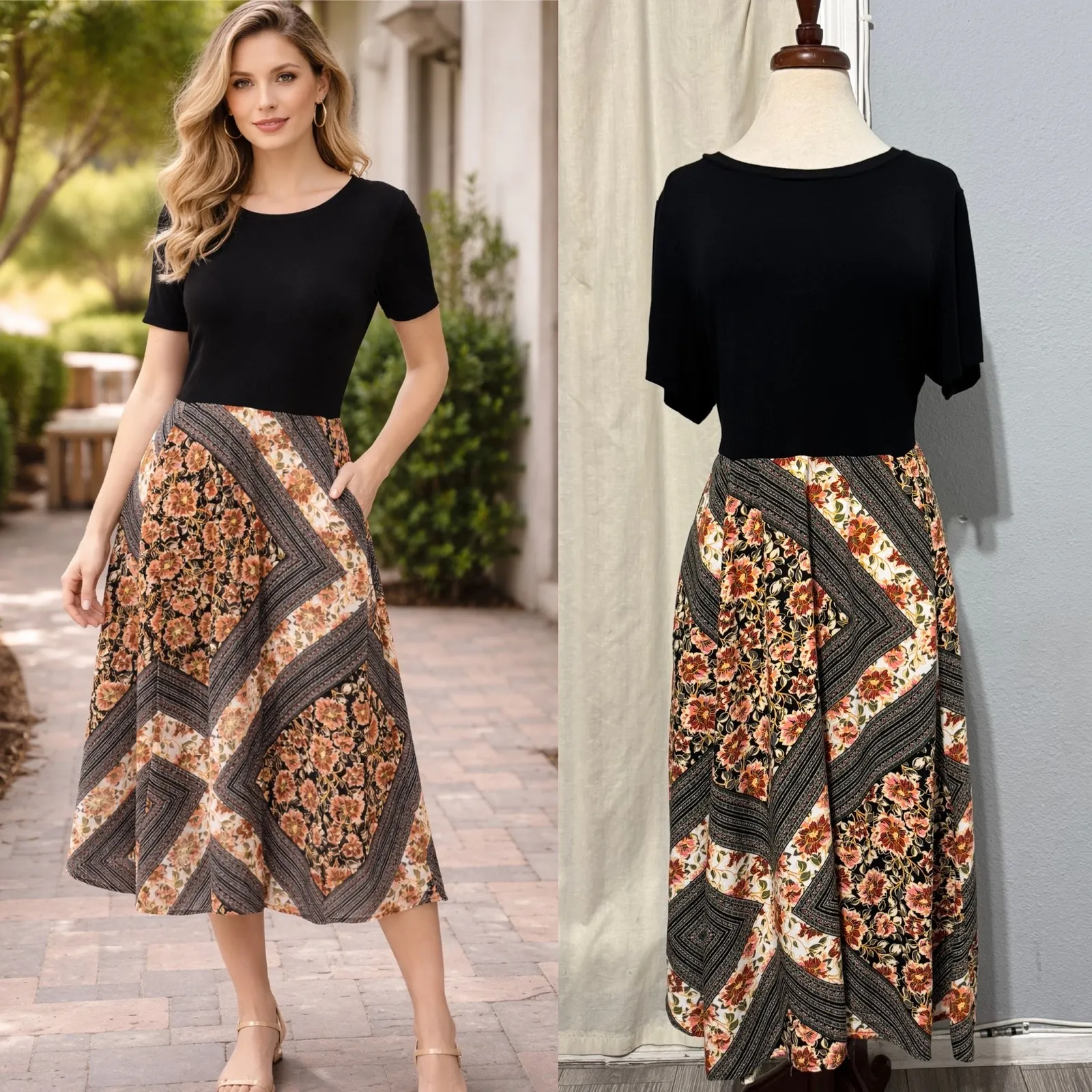 TORRID Black Boho Midi Dress Floral Mixed Media Scarf Print Flowy Skirt Size 1 - Image 2