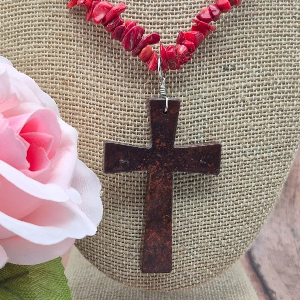 Artisan Red Chip Stone Pendant Necklace Large Jasper Stone Cross Whimsey Goth We - Image 3