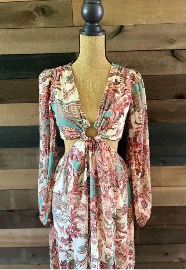 Jessica Simpson Long Bubble Sleeve Cut Out Sides Paisley Maxi Dress - Image 3