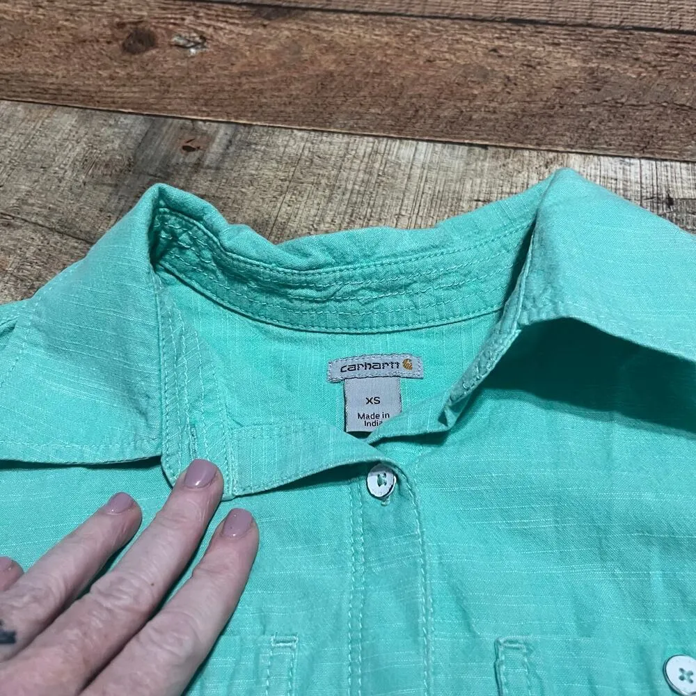 Carhartt | Women's Green Teal 100% Cotton Button Down Longsleeve Shirt Sz XS - Image 2
