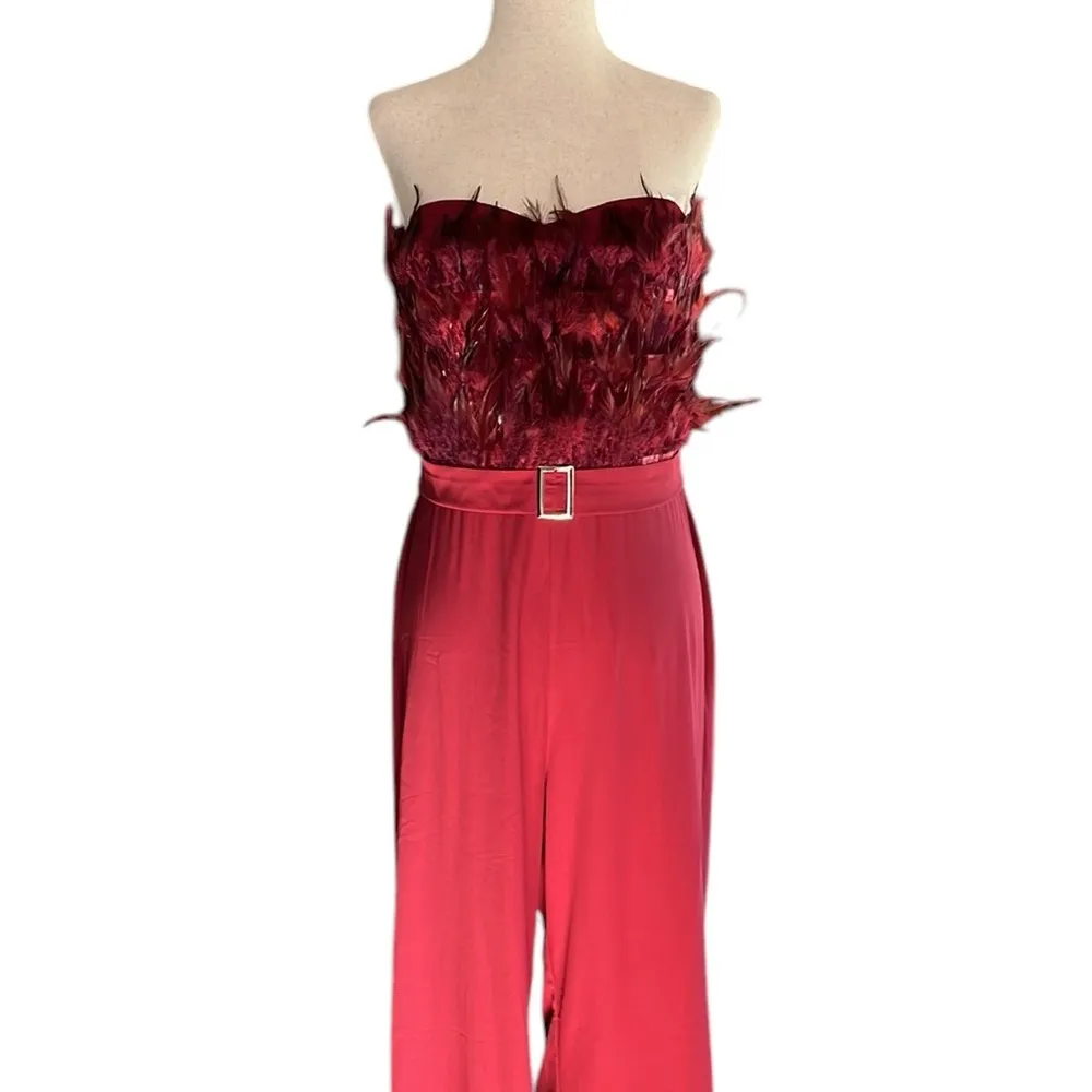 Unbranded Cranberry Strapless Jumpsuit With Feather Bodice Size L - Image 12