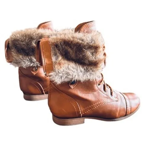 Bumper Womens Tan Faux Leather Lace Up Fur Lined Combat Boots Ankle Mid Calf Brown Size 8 - Image 5