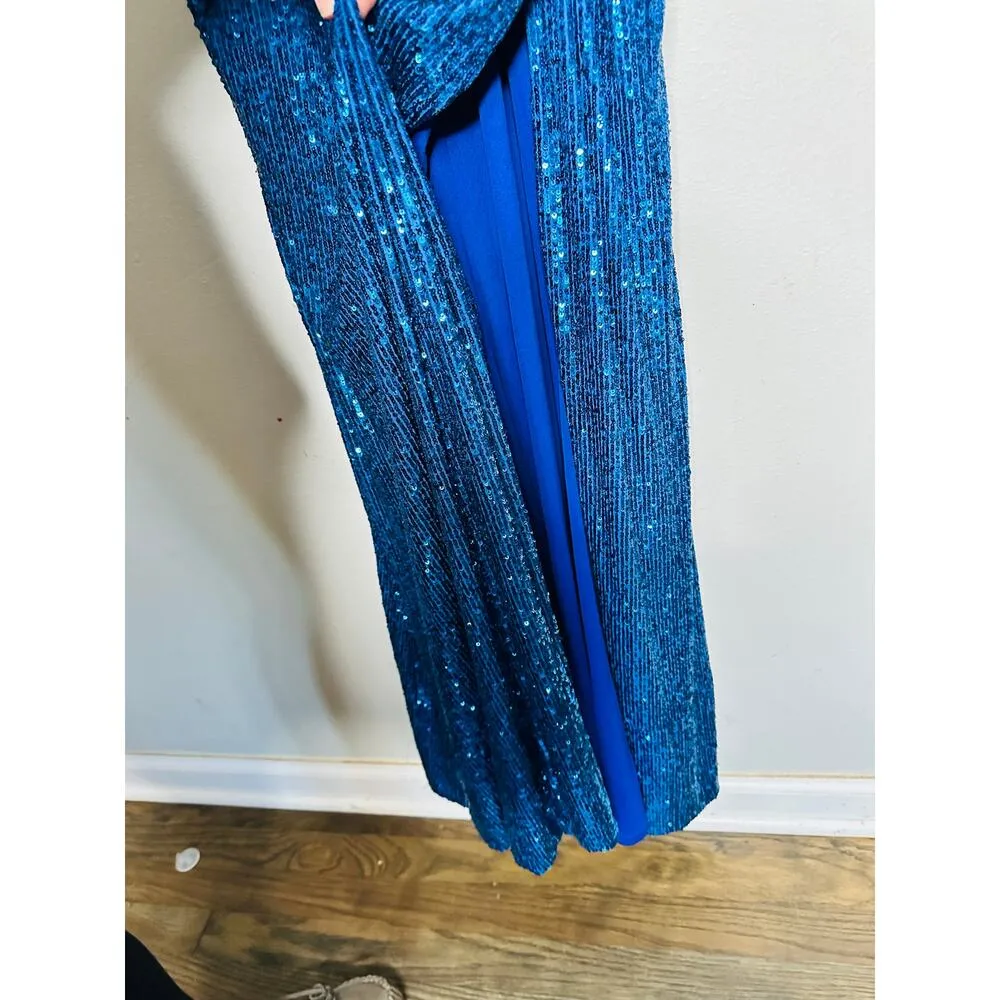 JOVANI Blue Sequin V-Neck Spaghetti Strap Front Slit High Gown Dress size 8 - Image 11