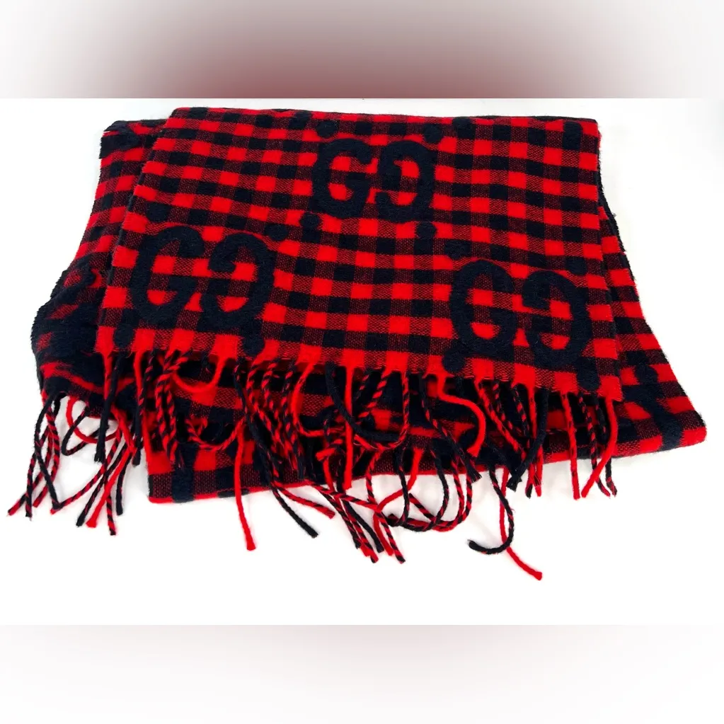 Gucci 644365 Red Blue Wool Jacquard Check GG Diamcheck Logo UNISEX Fringe Scarf - Image 7