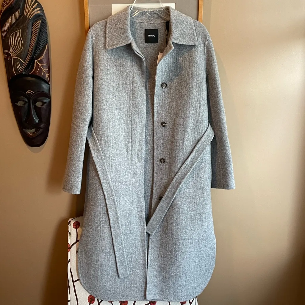 NWT Theory Womens Long Grey Wool and Cashmere Shirttail Belted Coat, size XS - Image 2