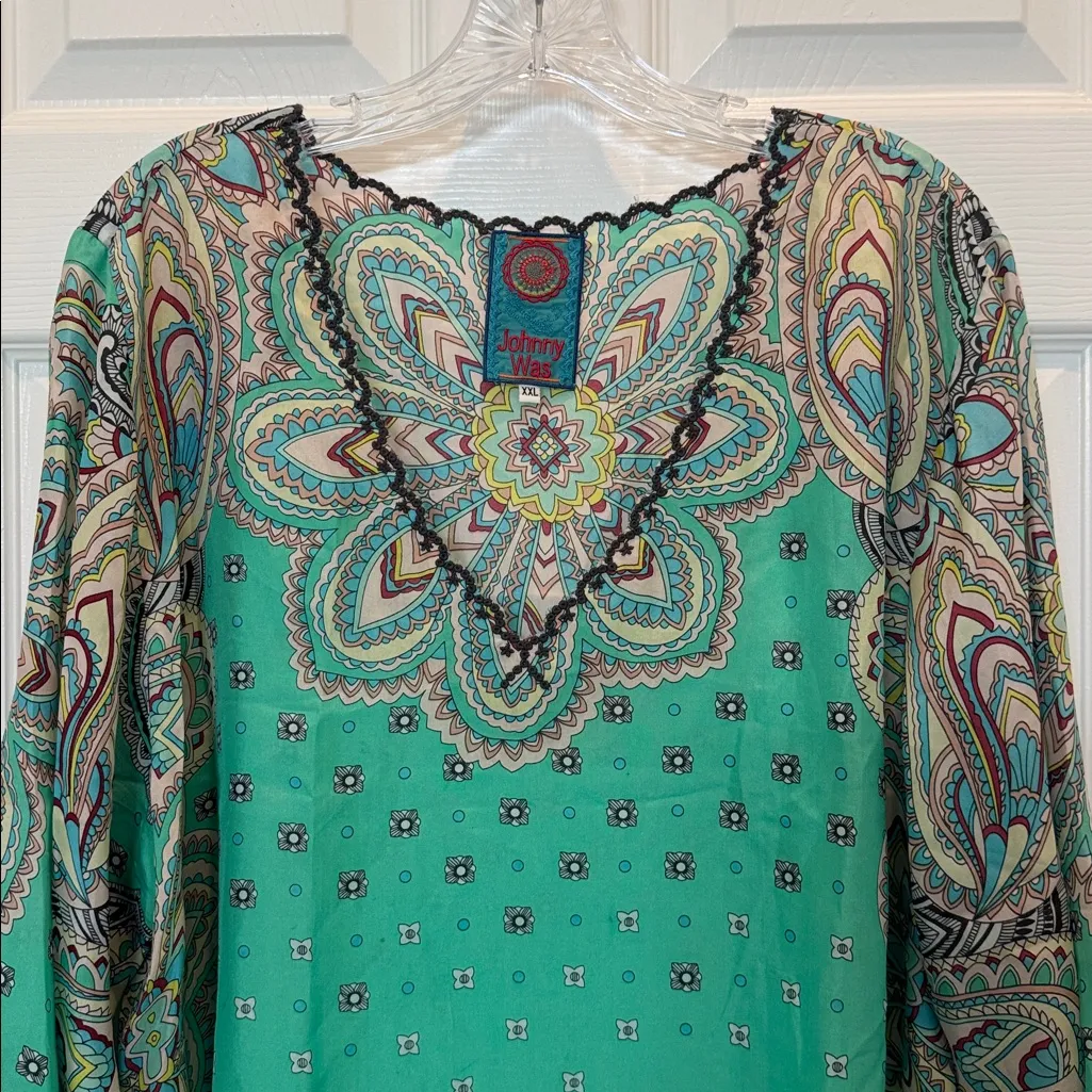 Johnny Was Green Silk Printed Tunic Blouse Size XXL - Image 7