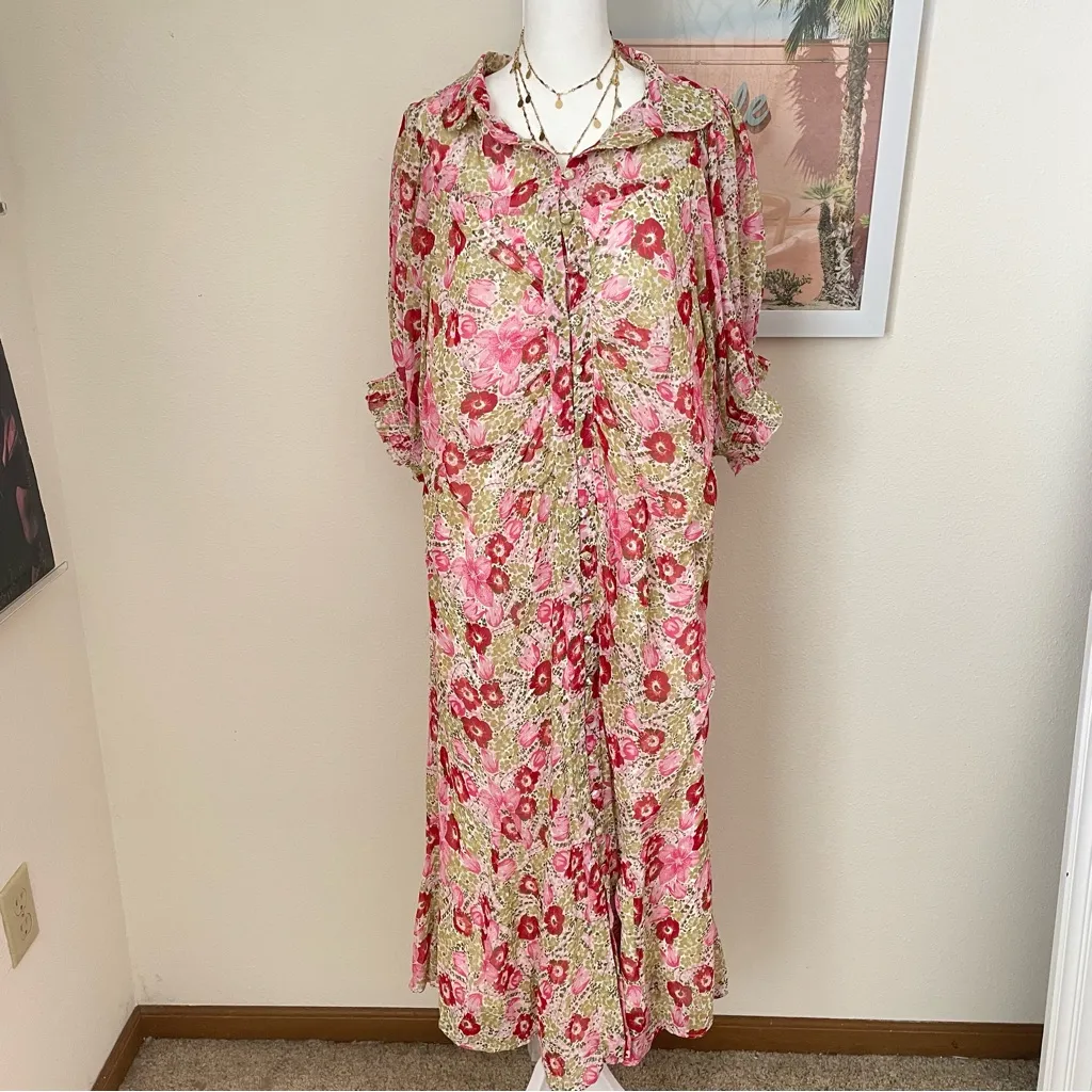 Anthropologie Puff-Sleeve Ruched Mesh Midi Shirt Dress in US 18W - Image 7