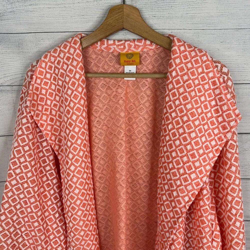 Ruby Rd Womens size 3X Diamond Print Collared Open Cardigan Coral - Image 4