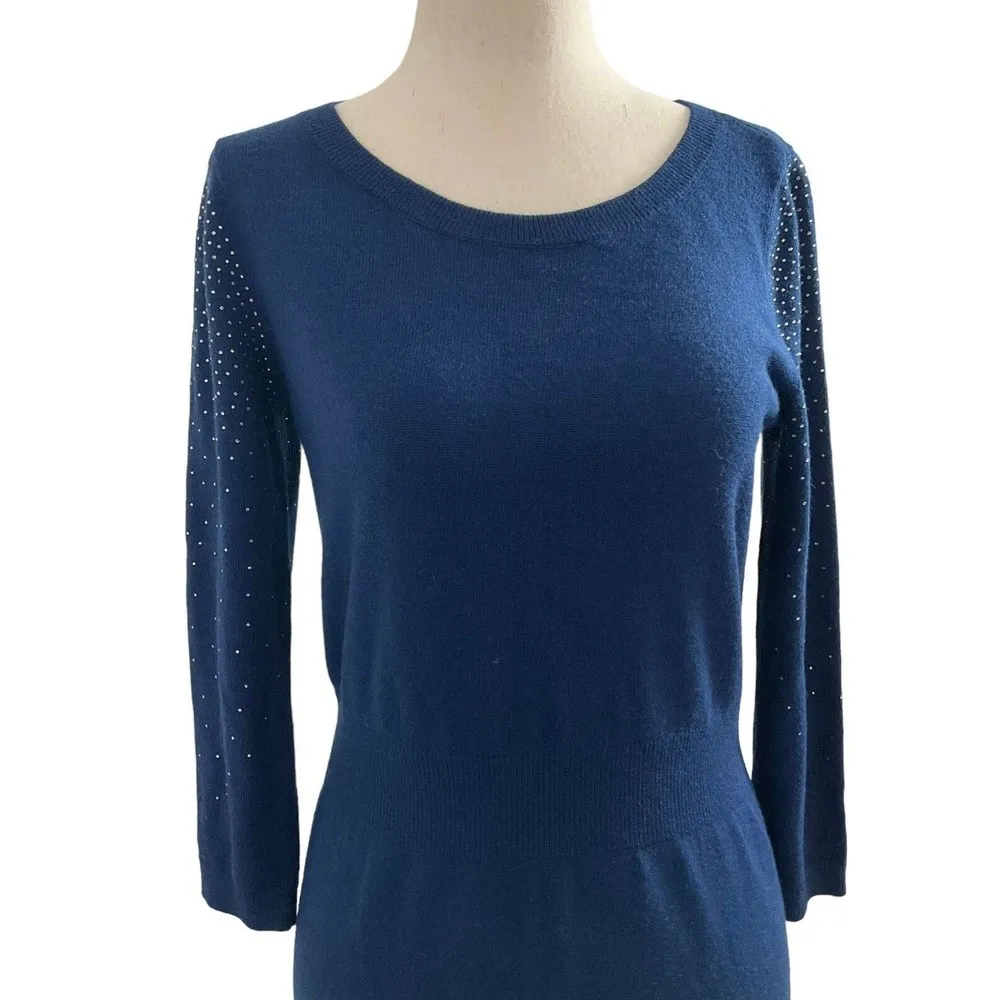 LOFT Women Size XS Knit Sweater Dress Blue Rhinestones Stretch 15-141 - Image 2