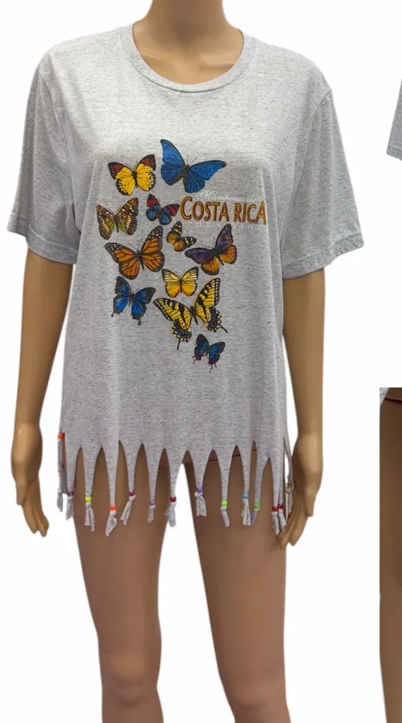 Costa Rica Gray Tee Shirt with Butterfly Print and Beaded Fringe Womens Large - Image 2