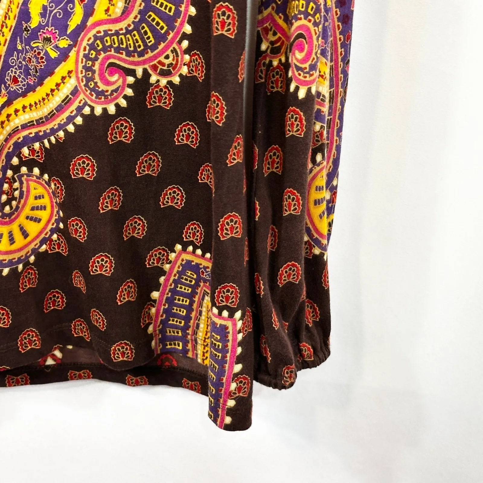 Lucky Brand XS‎ Top VTG Y2K Hippie Paisley Smocked Brown Lotus Grunge Boho 1309 - Image 7