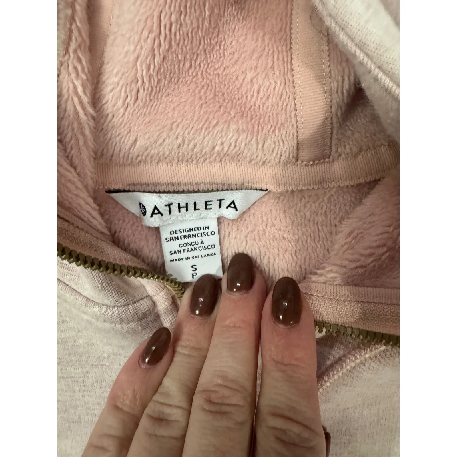 Athleta Pink Heathered Fleece Lined Quarter Zip Hoodie Thumbholes Size Small - Image 3