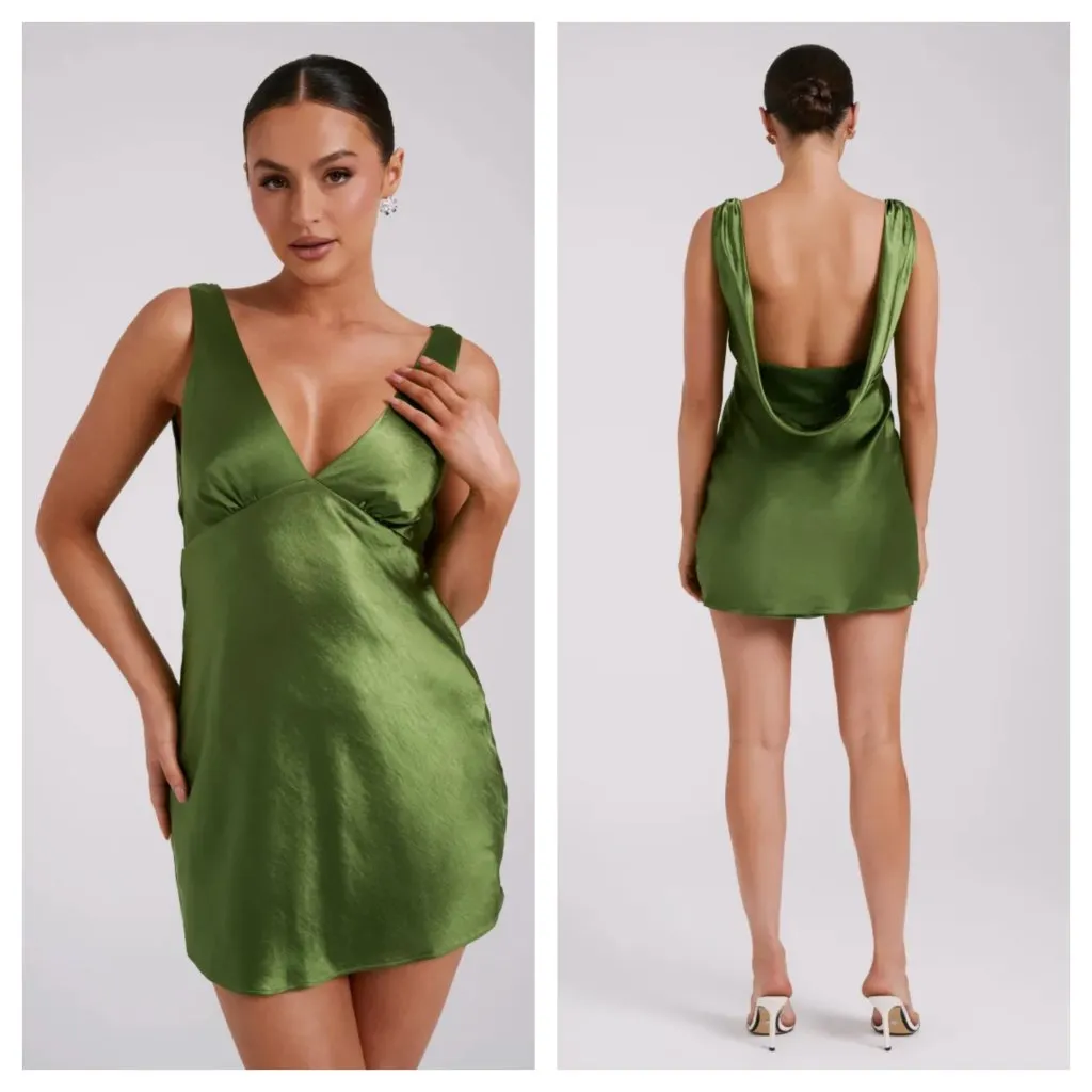 Meshki Nadia Satin V-Neck Slip Mini Dress with Cowl Back Emerald Green Women's S - Image 2