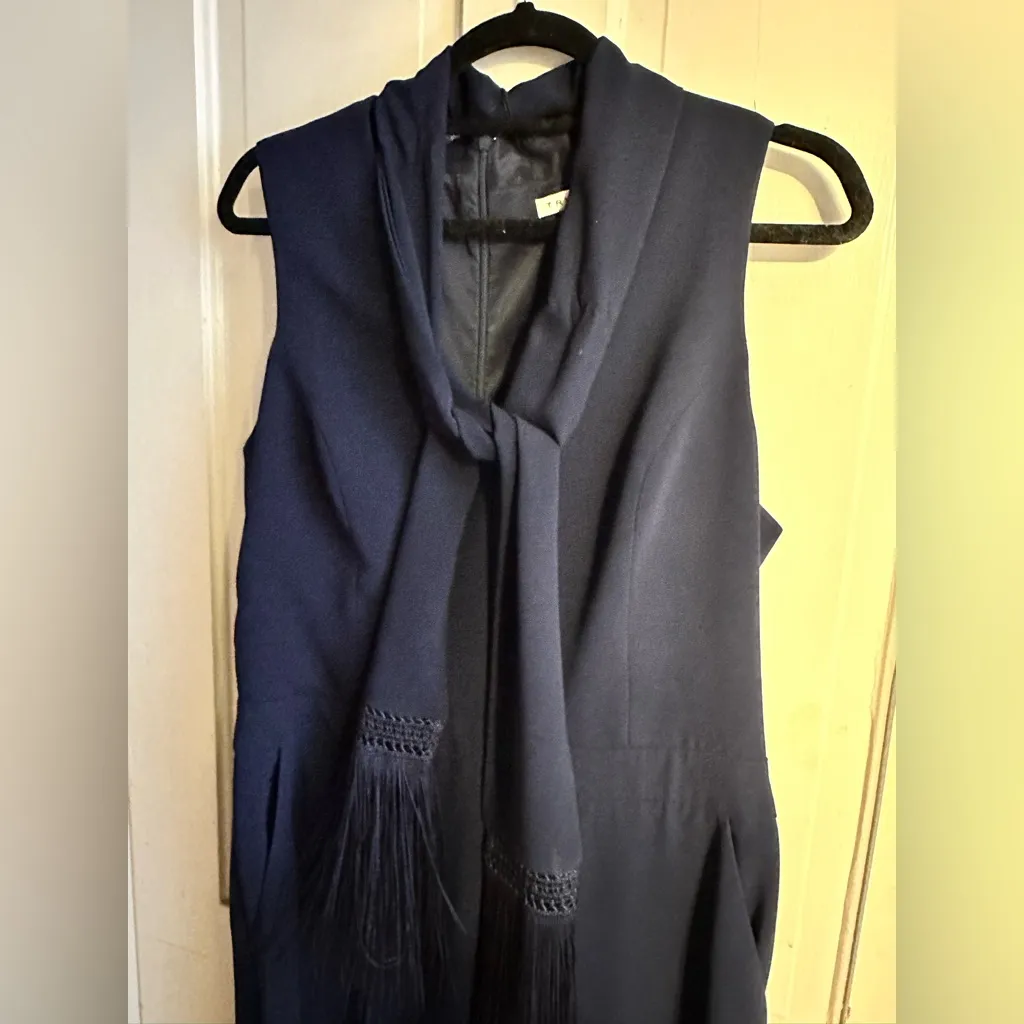 Trina Turk Momo Fringe Jumpsuit Navy Blue Wide Leg Sleeveless Scarf - Image 9