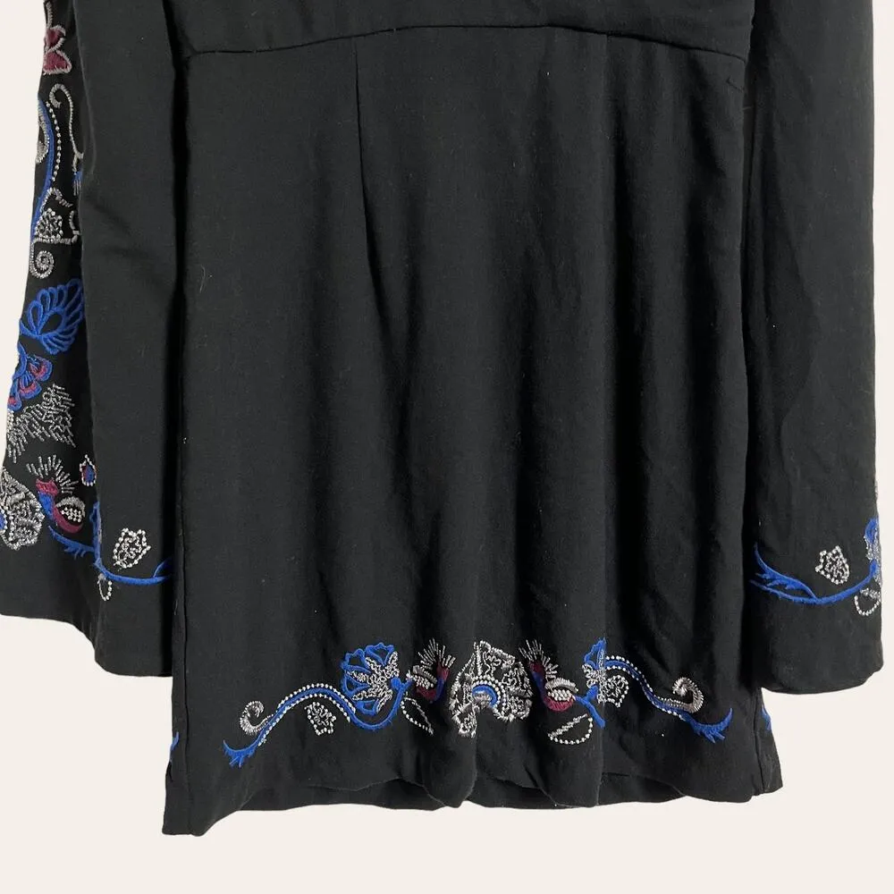 Free People Holiday Folk Black Floral Embroidered Bell Sleeve Mini Dress Size 0 - Image 7