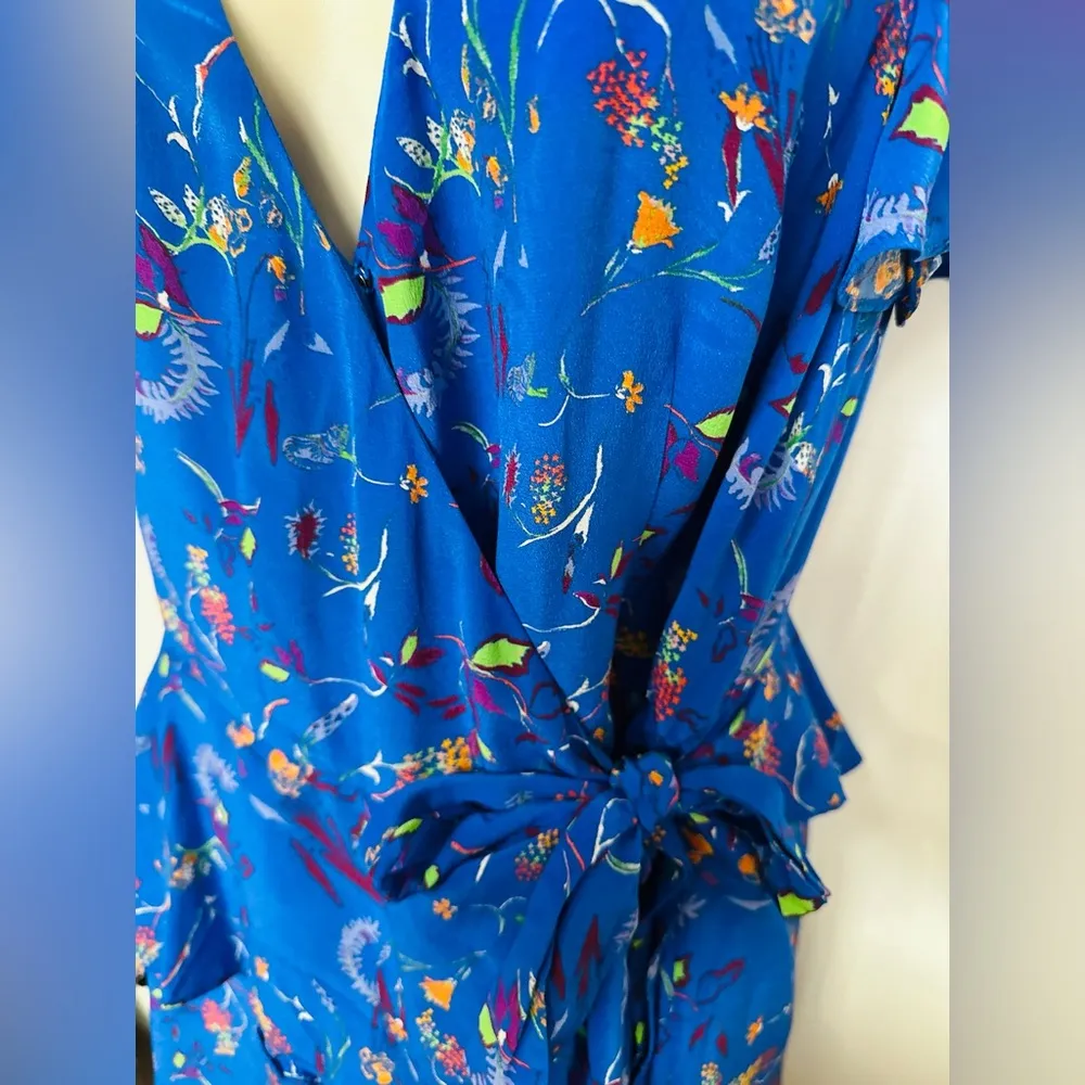Tanya Taylor Womens  Madelina  Silk Wrap Dress Size 8 Blue Floral Print Ruffles - Image 7