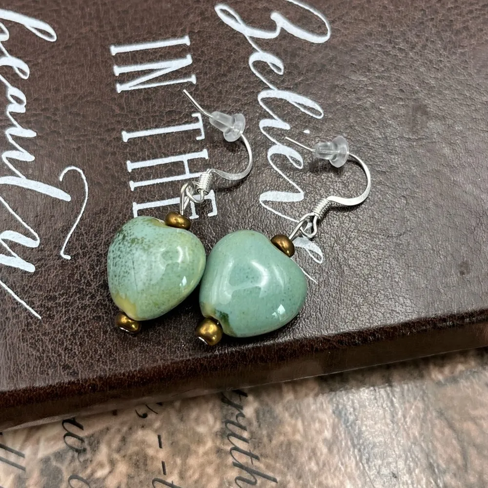 Light Blue Green Speckled Brown Beaded Handmade Porcelain Heart Boho Earrings - Image 3