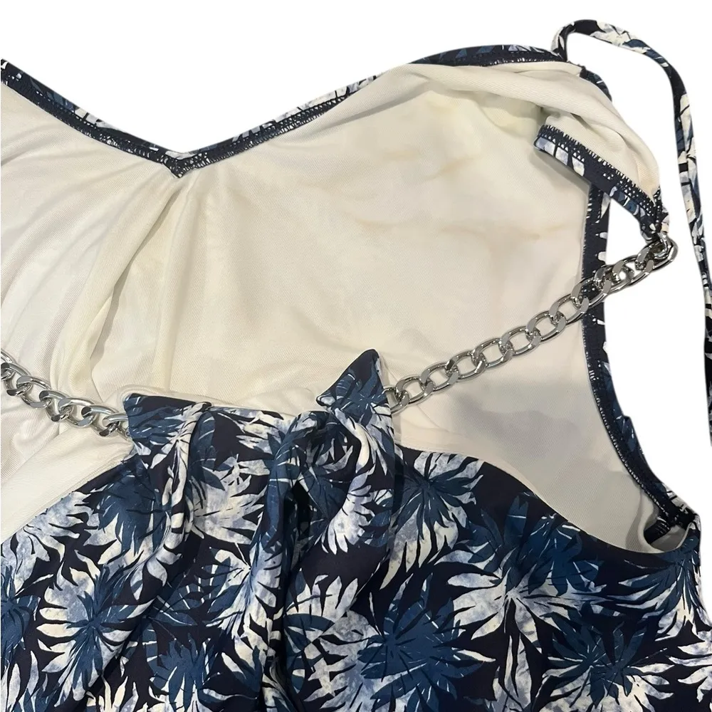 MICHAEL Michael Kors Palm Mix Blouson High Neck Tankini Top Navy Blue Large - Image 9