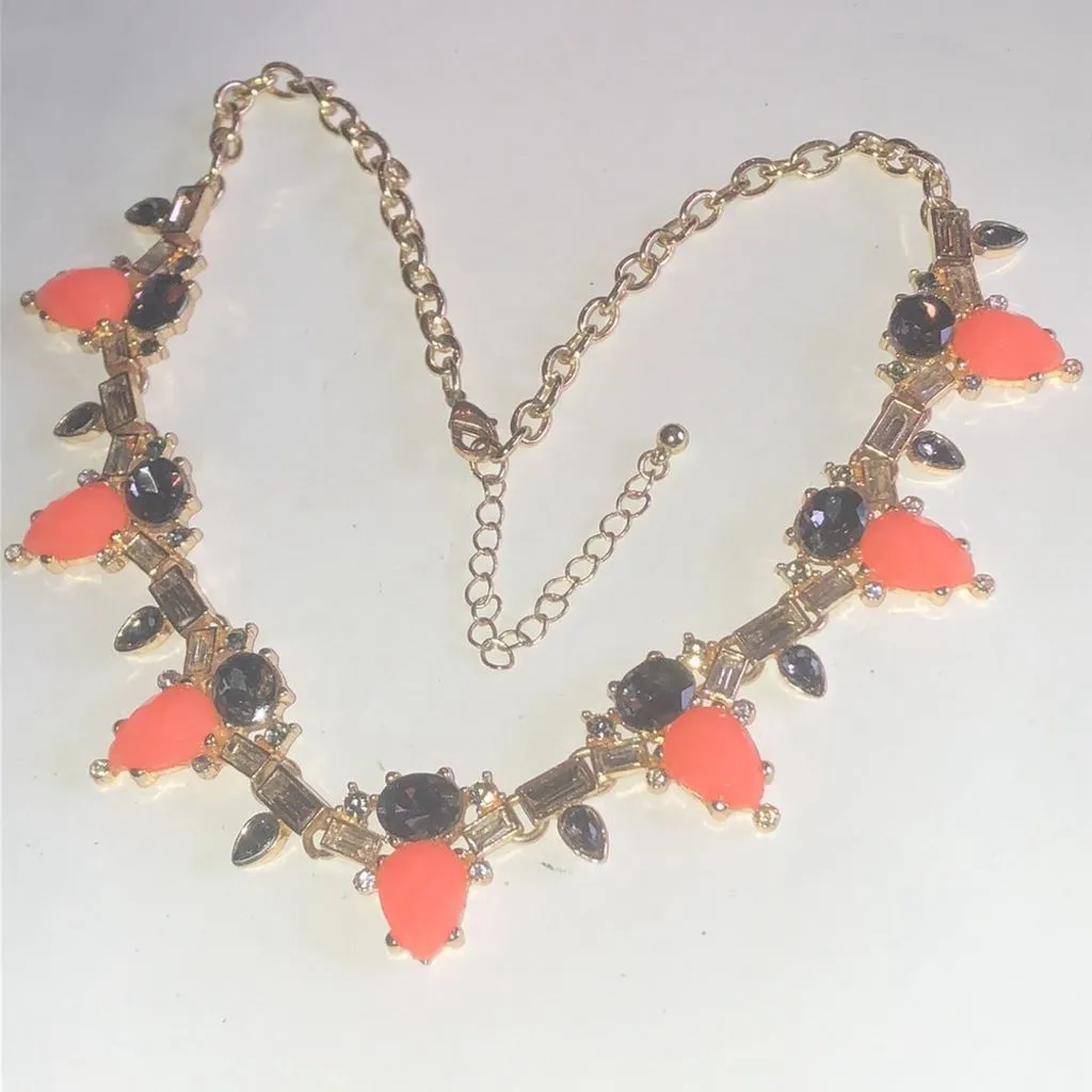 Gold Tone Bright Peach Runway CZ Rhinestone Statement Necklace Black - Image 4