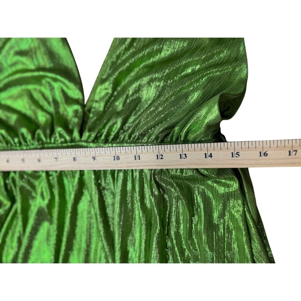 NEW Sincerely Jules Womens L Green Metallic Deep Neck Shiny Pleated Gown Stretch - Image 16