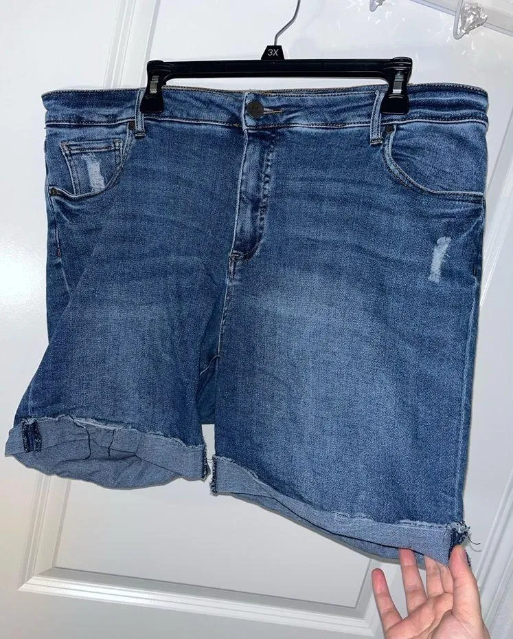 Kut From The Kloth Distressed Blue Cuffed Denim Pocket Biker Thigh Shorts Sz 18W - Image 5