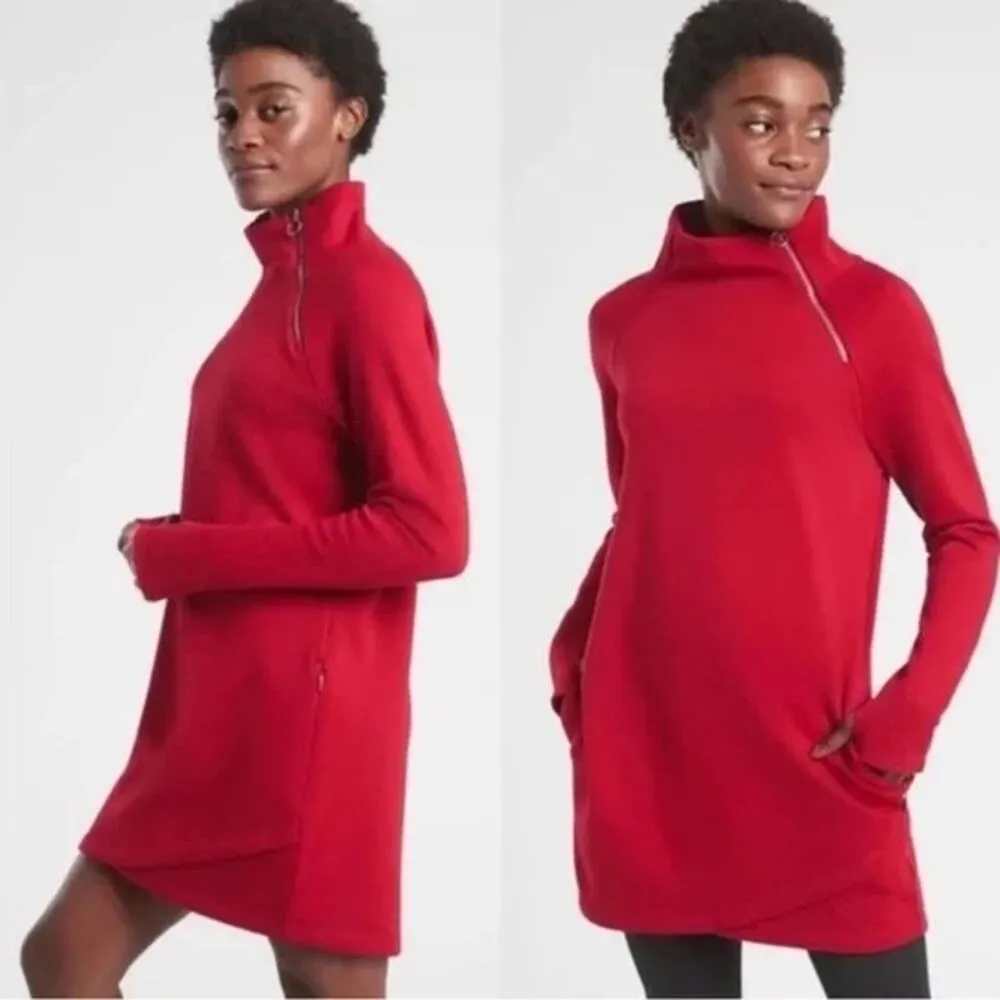 Athleta Cozy Karma Red Asymmetric Zip Mock Neck Sweater Mini Dress Size Medium - Image 2