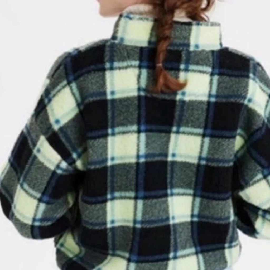 American Eagle Cropped Plaid Sherpa Pullover Fleece 1/4 Zip Green Medium - Image 3